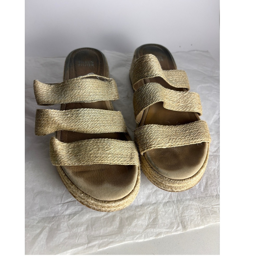 Eileen Fisher Espadrille Platform Sandals Raffia Straps Size 9 Beige